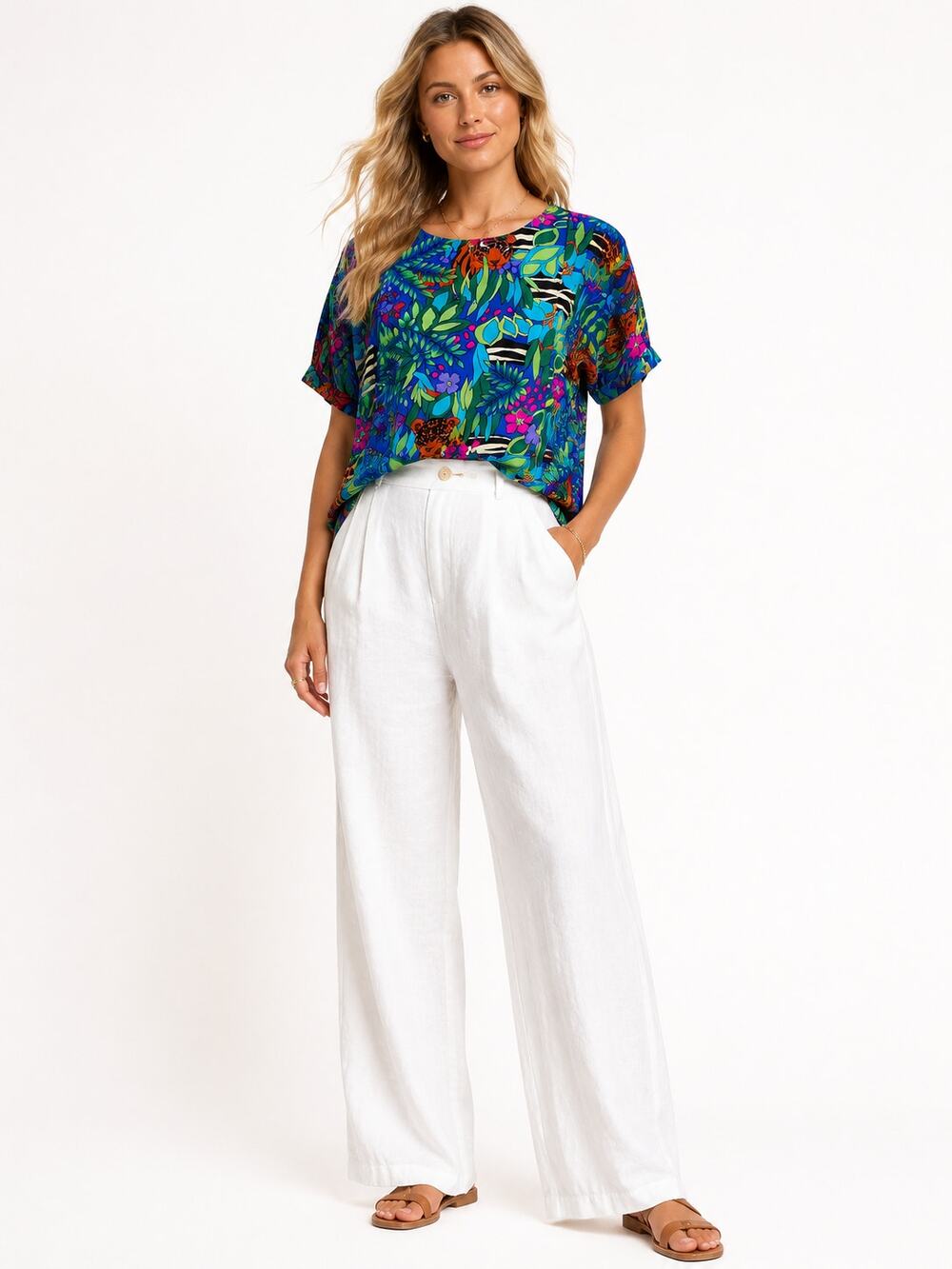 Vtg Che Studio Jungle Animal Print Blouse L Tropical Safari Top
